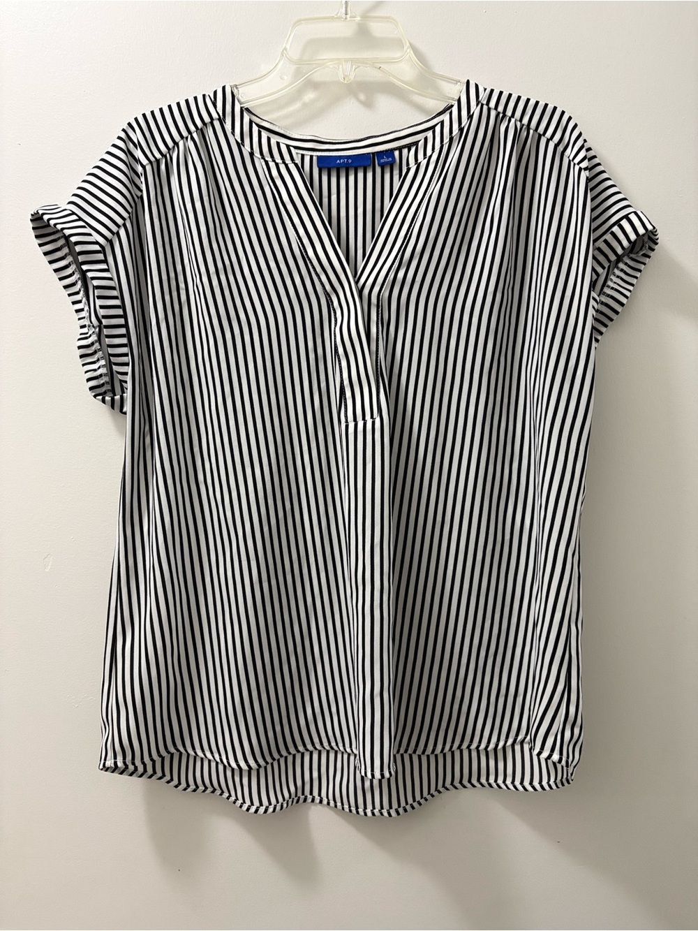 Apt. 9 Black and White Vertical-Stripe Short Sleeve V-Neck Blouse